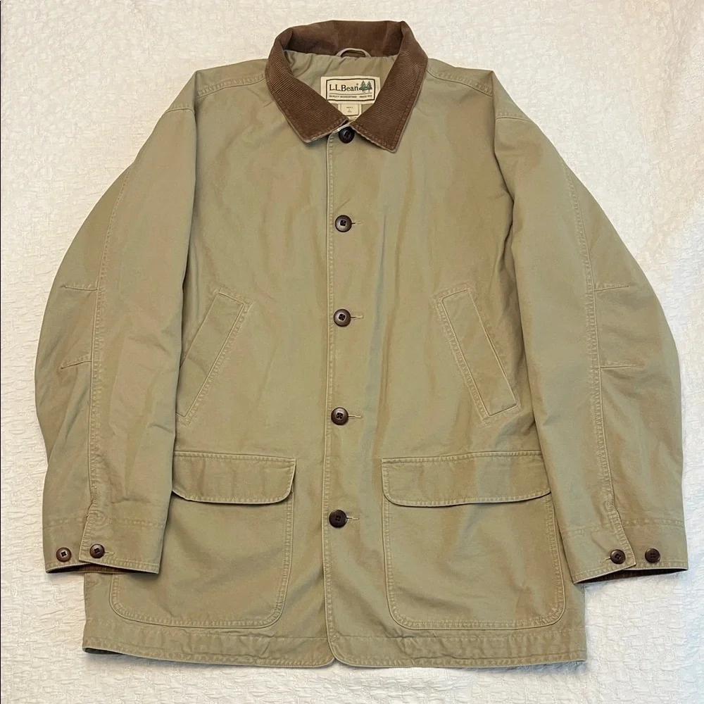 L.L.BEAN MENS COTTON TAN BARN COAT WITH CORDUROY COLLAR SIZE LARGE - Picture 1 of 12